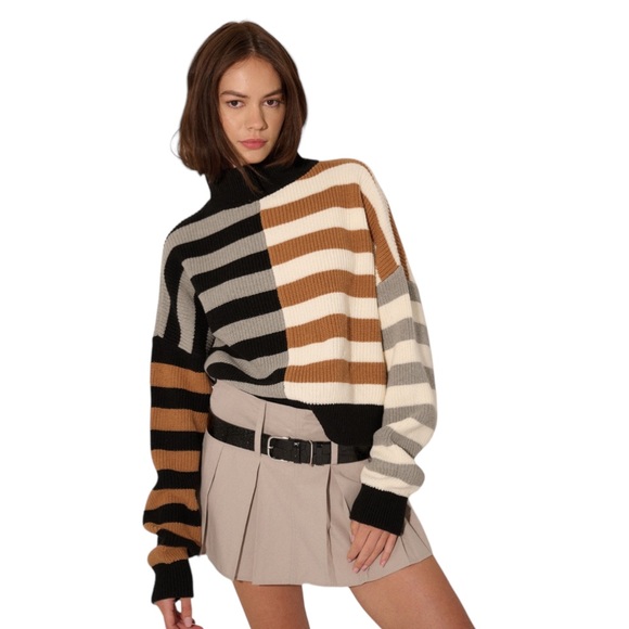 Black & Camel Colorblock Contrast High Neck Long Sleeve Sweater NWT (#0109) - Picture 1 of 5